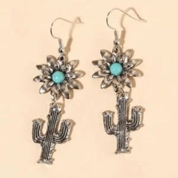 FLOWER CACTUS SILVER TURQUOISE DANGLE EARRINGS - Picture 2 of 9